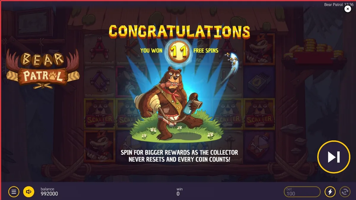 Tampilan visual slot Bear Patrol dengan tema hutan dan karakter hewan lucu