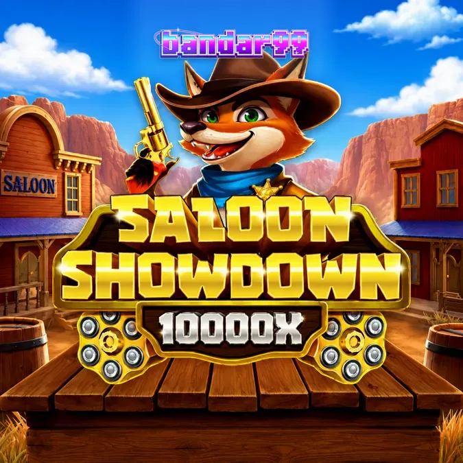 Tampilan visual slot Saloon Showdown 10,000x dengan tema Wild West